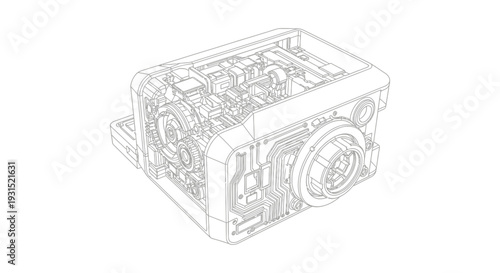 technical line drawing of internal components illustrating intricate mechanical engineering and circuit board design within an electronic device.