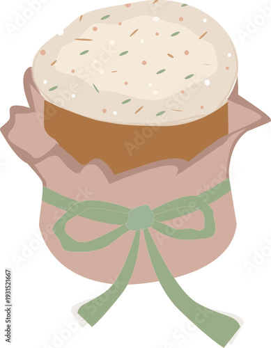 Boho style Easter kulich cake with icing, natural sprinkles and green ribbon. Traditional festive sweet bread isolated on light background. Perfect for greeting cards, bakery branding, packaging.