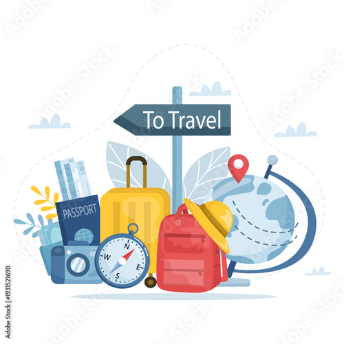 Modern flat vector illustration of a globe with a red location pin symbolizing navigation, near a "To Travel" sign, business location, destination planning, and geographic positioning