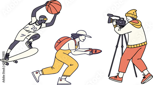 Flat vector illustration of people engaged in active sports and content creation featuring a skateboarder with a basketball and a videographer filming scenes.