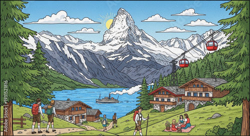 Cartoon illustration of a Swiss mountain village with cable cars and lake.