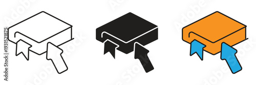 E-book with Arrow Cursor Icon. Digital library icon showing an isometric book with bookmark and arrow cursor for online reading access.