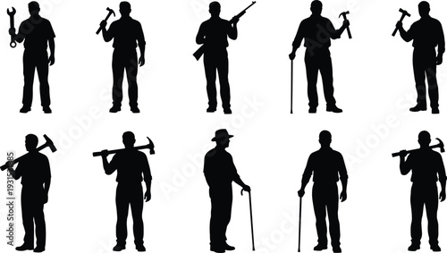 Worker silhouettes collection with tools, construction and industrial laborers holding hammer, wrench, axe and rifle isolated on white background, manual labor profession set