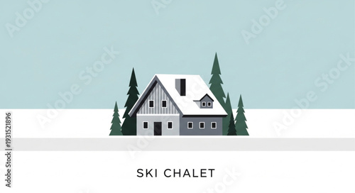 Charming Ski Chalet Surrounded by Snowy Pines in Winter.
