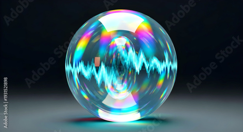 A crystal ball reflecting light and colors in a dark environment from a front viewpoint showcasing transparency and refraction concepts
