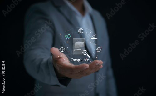 Businessman presenting compliance management concept with legal document verification, regulatory risk control, corporate governance strategy, audit process and business law technology interface