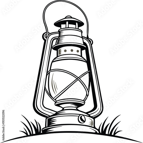 Vintage oil lantern vector illustration sits on a grassy hill featuring a classic kerosene lamp design perfect for camping and outdoor adventure themes.