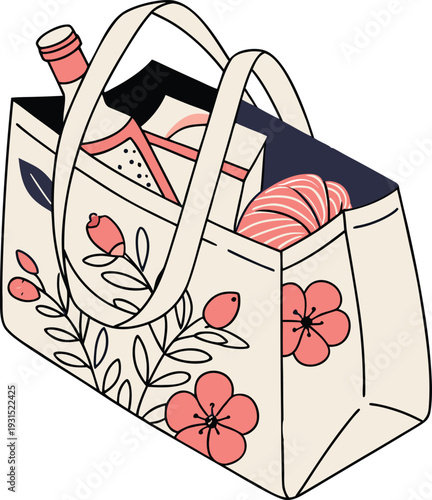 Reusable floral tote bag vector illustration featuring a pink flower pattern filled with a wine bottle and croissant isolated on white background