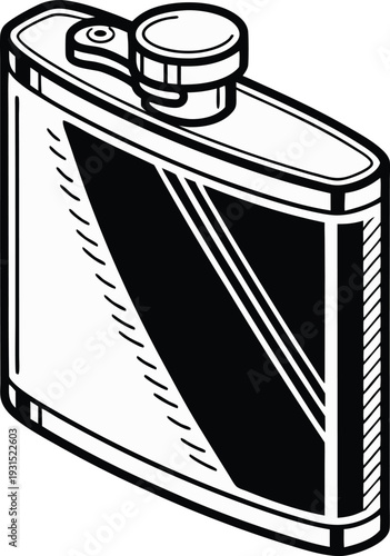 Metal hip flask vector illustration featuring a classic curved design with a screw cap isolated on white background for lifestyle and bar graphics.