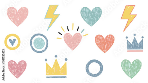 Collection of cute hand drawn doodles including hearts lightning bolts crowns and circles in soft pastel colors on white.