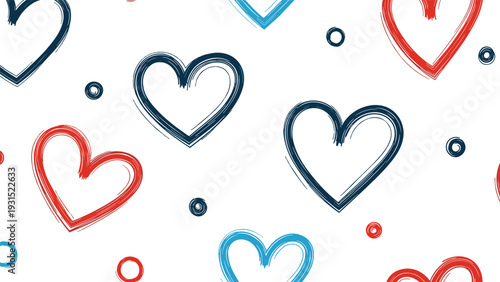 Seamless background pattern with sketchy hand drawn hearts and small dots in red navy blue and light blue on white paper.