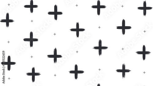 Minimalist seamless pattern featuring bold black brush stroke crosses and small thin plus signs on a plain white background.