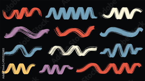 Set of vibrant hand painted zigzag brush strokes in various colors like red blue and yellow on a solid black background.
