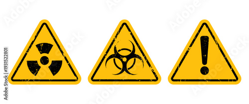 Black and Yellow Warning Sign Set with Distressed Texture, Radiation and Biohazard Hazard Symbol Vector