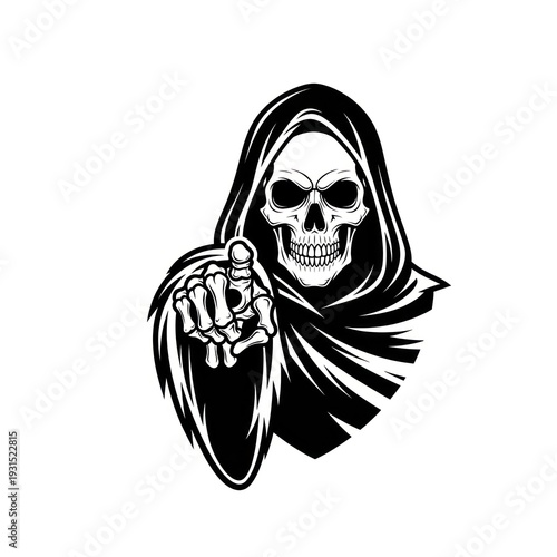 Black and white illustration of a skeleton in a hooded cloak, pointing forward (1)