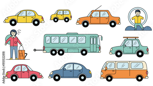 Collection of colorful cartoon transportation vehicles including cars a bus a van and people traveling on white background.