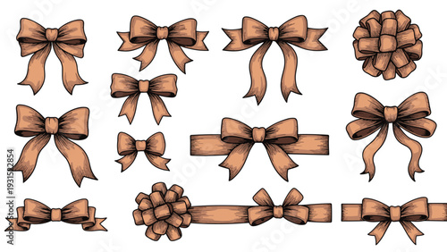 Detailed collection of vintage style hand drawn ribbon bows and knots in a warm peach color isolated on white background.