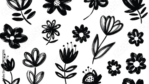 Seamless pattern of hand drawn black ink flowers on a white background perfect for fabric prints and wrapping paper.