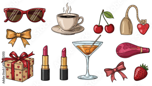 Assorted hand drawn feminine lifestyle items like sunglasses coffee cherries perfume and lipstick for fashion design.