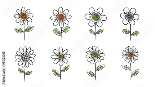Grid of simple hand drawn daisies with different colored centers and green leaves on a plain white background.