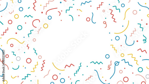 Festive pattern of colorful confetti squiggles dots and circles on a white background ideal for celebration designs.