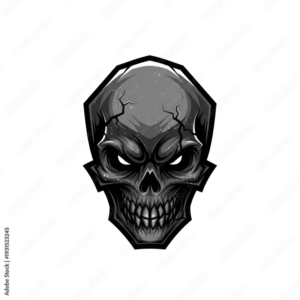 Obraz premium Grim skeletal head with glowing eyes, shadowed shading, jagged lines, menacing grin, white background
