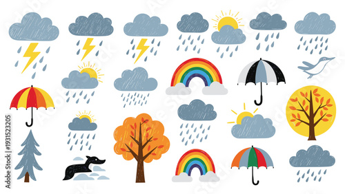 Assorted hand drawn weather and autumn icons like clouds rain lightning and colorful trees for seasonal design work.