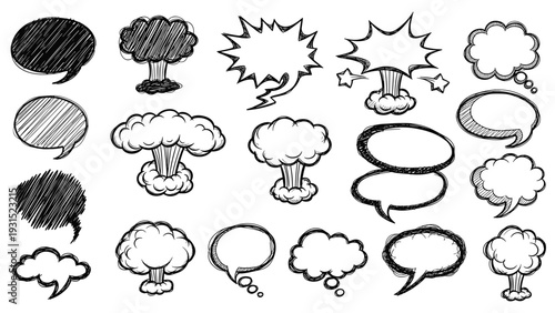 Set of hand drawn comic style speech bubbles and explosion clouds in black ink for storytelling and graphic design.