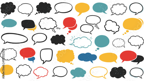 Set of colorful hand drawn speech bubbles and talk clouds for a fun and expressive graphic communication design.