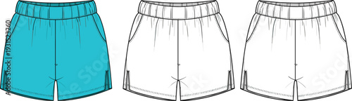Technical fashion flat sketch of elastic waist active shorts with side pockets and hem slits for sports apparel design.