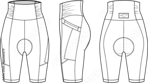 Technical fashion flat sketch of high-waisted padded cycling shorts with compression panels and utility pocket for bike apparel.