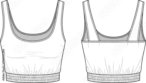 Technical fashion flat sketch of women's long sleeve crew neck bodysuit and short sleeve polo shirt mockup for apparel design tech packs.