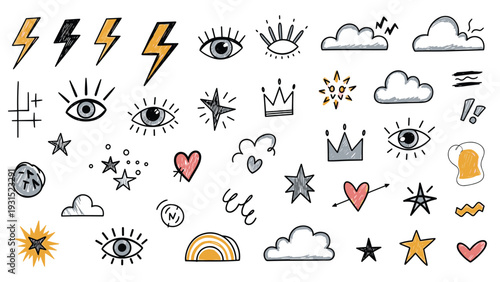 Variety of hand drawn doodles including stars hearts eyes and clouds are scattered across a white background for creative design projects.