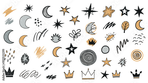 Set of hand drawn celestial doodles featuring stars moons and crowns in a sketchy style are perfect for whimsical graphic design projects.