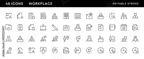 Office and workplace icon collection. Workplace, work group, deadline, office building, time management, documents and more. Editable stroke. Pixel Perfect. Grid base 32 x 32.
