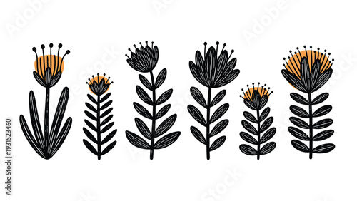 Stylized hand drawn black flowers with orange circular accents and leafy stems provide a unique and modern botanical illustration set.