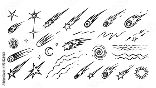 Hand drawn space elements including stars comets and moons in a sketchy black ink style create a whimsical celestial collection for design.