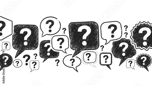 Collection of hand drawn question marks inside speech bubbles in a sketchy black ink style represents curiosity and communication.