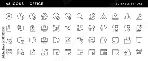 Office icon collection. Workplace, work group, team, office equipment, time management, deadline, documents and more. Editable stroke. Pixel Perfect. Grid base 32 x 32.