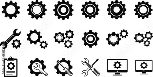 Gear and tools icons set, mechanical engineering, system settings, maintenance, repair, configuration symbols, industrial technology infographic collection isolated on white background