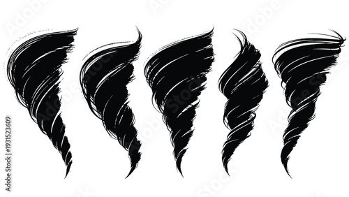 Collection of five bold black hand drawn tornado or swirl shapes provides a dynamic and textured set of abstract design elements for art.