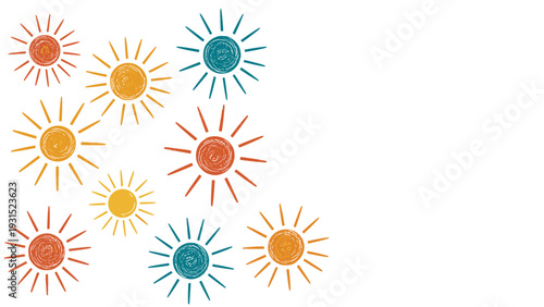 Collection of hand drawn colorful sun icons with rays in a sketchy style provides a cheerful and whimsical set of celestial design elements.