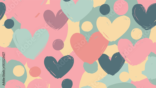Seamless background pattern featuring hand-painted hearts and dots in a soft pastel color palette for romantic designs.
