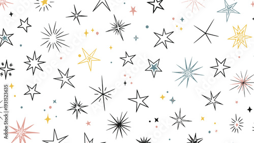 Seamless pattern of hand drawn stars in various styles and sizes with soft pastel accents creates a magical celestial background for design.