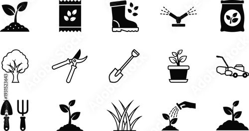 Gardening and landscaping black icon set featuring seedlings, seed packets, garden boots, sprinklers, fertilizer, trees, shears, shovels, lawn mowers, and plant care symbols.