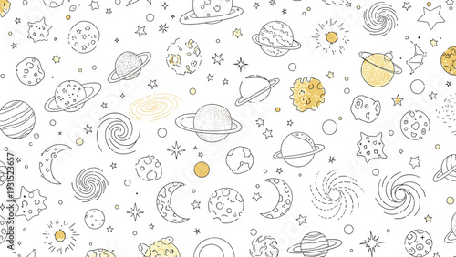Cosmic doodle pattern with hand-drawn planets stars and galaxies in black ink with elegant gold foil accents on white.