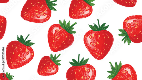Vibrant hand-drawn strawberry pattern with red berries and green leaves scattered on a pristine white background.