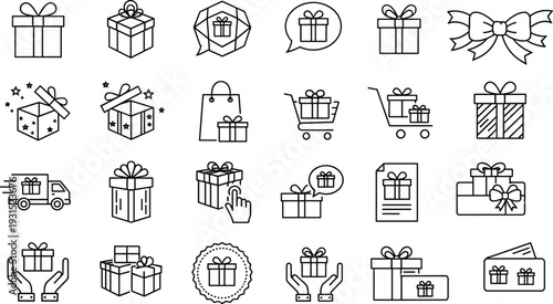 Gift box and present icon set, shopping, delivery, celebration, surprise packages, ribbons and bows, online store rewards, holiday offers, vector illustration collection
