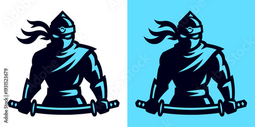 Ninja warrior silhouette with sword in hand and blue backgrounds