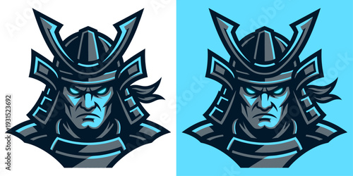 Samurai warrior helmet icons in blue tones isolated and blue backgrounds